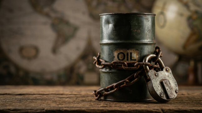 Oil barrel chain padlock sanction embargo trade restriction blockade energy