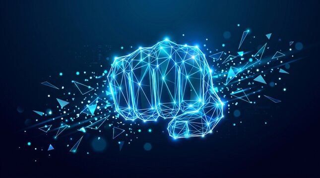 Powerful digital fist gesture rendered in blue wireframe nodes and particles representing strength force and energetic determination in a virtual space with strength technology wireframe