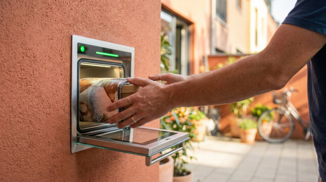 Parcel delivery hand delivery package drop wall mailbox home delivery delivery hatch close up
