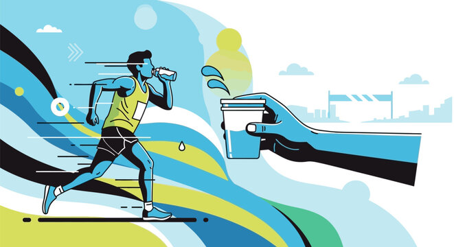 Runner drinking water from giant hand illustration.