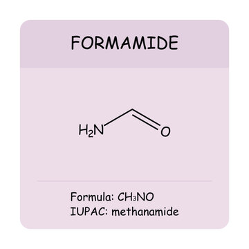 Educational chemistry poster featuring formamide with structural formula, molecular formula CH₃NO, and IUPAC name methanamide. Ideal for organic chemistry education and classroom materials.