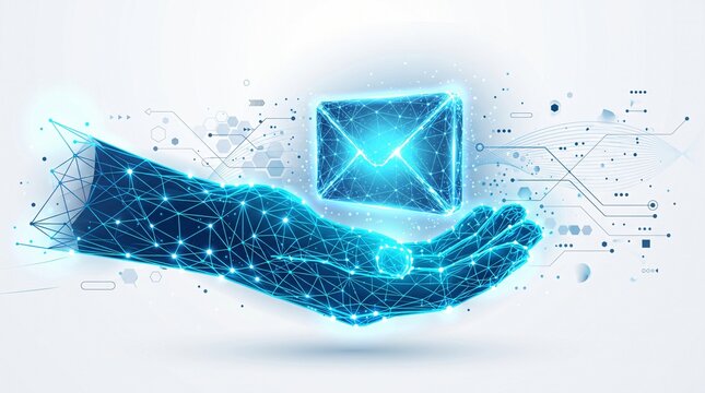Futuristic wireframe hand delivering digital email envelope concept as symbol of secure communication and electronic data transfer with envelope communication technology transfer wireframe