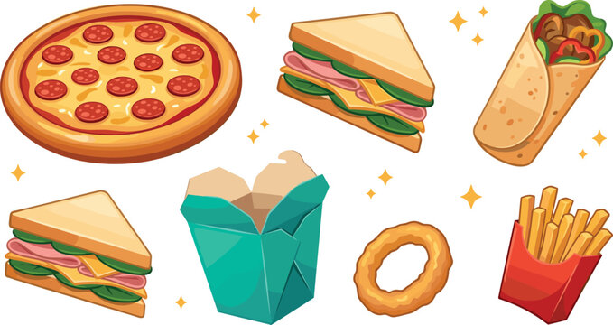Fast Food Vector Icon Set Featuring Pepperoni Pizza Triangle Club Sandwiches Doner Kebab Wrap Takeaway Box Onion Ring and French Fries