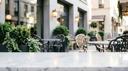 Obraz premium Outdoor Cafe Terrace with Marble Table and Greenery for Restaurant Design