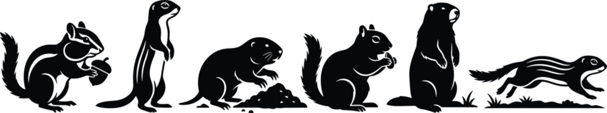 Rodent and Ground Squirrel Silhouette Vector Set with Chipmunk, Marmot, and Gopher Icons for Wildlife, Nature, and Outdoor Graphic Designs