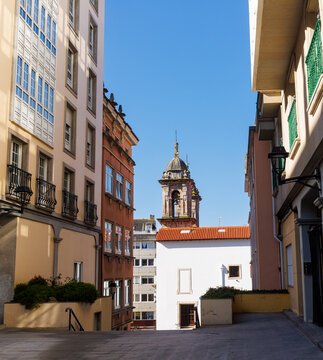 Historic rooftops and dome of the Church of St. George in La Coruna, Spain