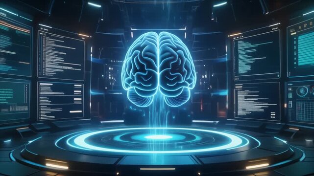 Futuristic AI agent brain hologram in a high tech digital laboratory