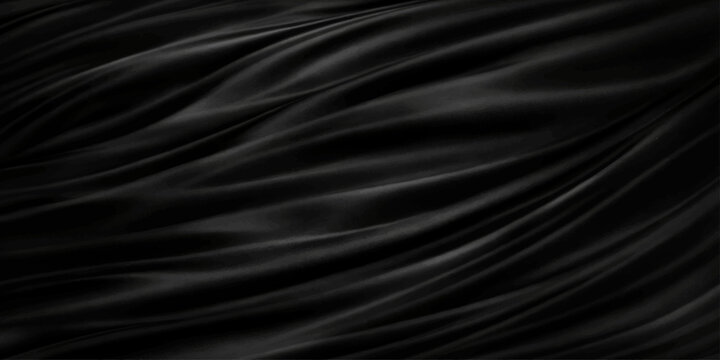 Abstract black silk fabric texture background with elegant wavy folds luxurious smooth satin cloth ripple backdrop