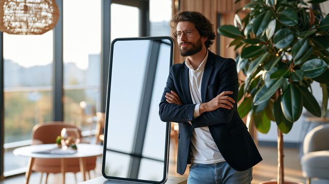 Businessman leaning beside an oversized phone mockup in a stylish lifestyle environment with natural daylight and modern decor, designed for mobile app presentation, interface preview and