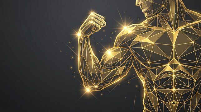 Abstract gold wireframe illustration of a muscular male flexing his bicep with muscular wireframe abstract technology strength physique bodybuilding exercise structure silhouette