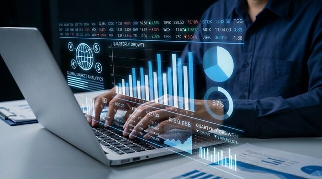 business data analysis and financial planning with digital growth charts on laptop, showing quarterly performance metrics, stock market analytics, and professional investment tracking.

