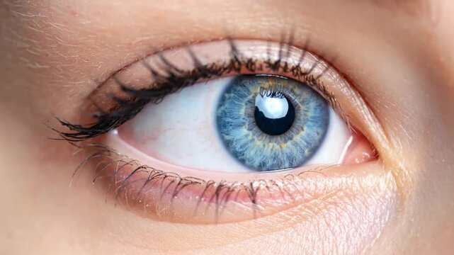 A close up view of a bright blue human eye looking forward
