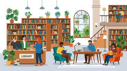 Library interior, people reading and studying, bookshelves and desks, educational environment, vector illustration © MSTMANWARA