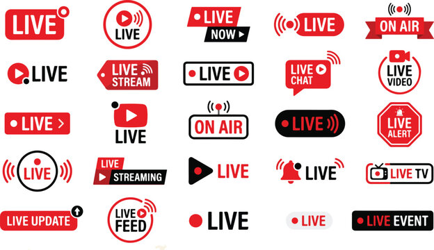 modern vector collection of 20&ndash;25 &ldquo;LIVE&rdquo; and live streaming badgesicons