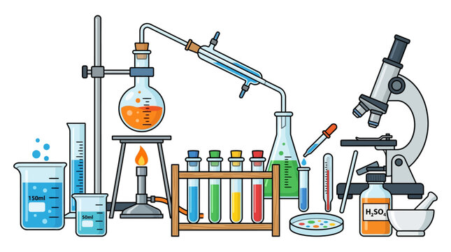 Laboratory equipment, science tools, chemistry lab, vector icons