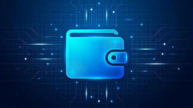 Glowing digital wallet icon on a futuristic blue technology background, representing online payment and cryptocurrency