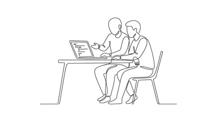 Fototapeta premium Continuous line drawing of two male colleagues working together on a laptop.