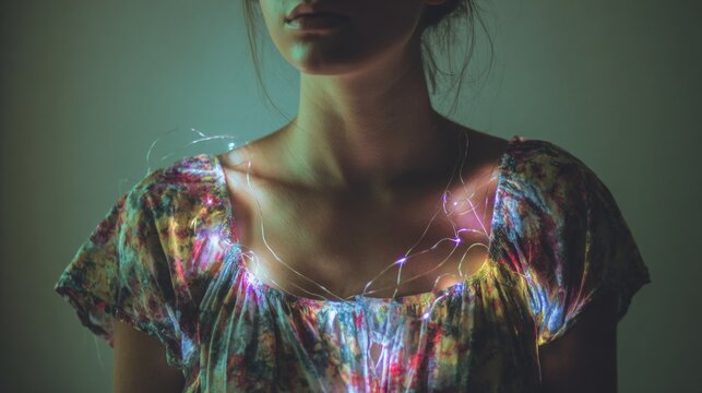 Woman adorned with glowing fiber optic lights
