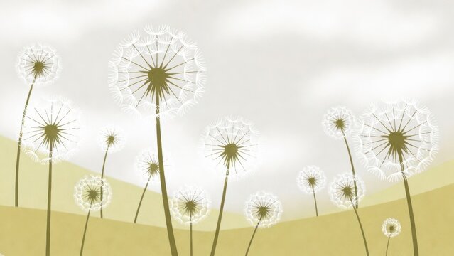 Dandelion seed heads standing across rolling grassy hillside landscape