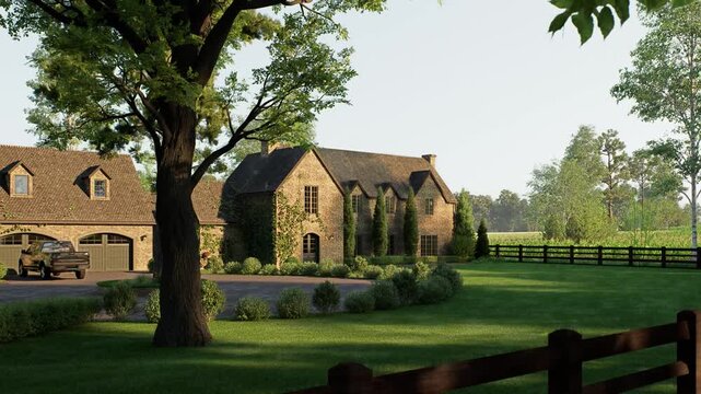 Beautiful stone estate with a large driveway and separate garage