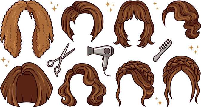 Female Hairstyle Vector Icon Set Featuring Brown Afro Curls Bob Cuts Vintage Waves Braided Updos Hairdryer Scissors And Comb Graphic Elements