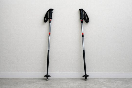 A pair of ski poles resting against a wall, ready for use