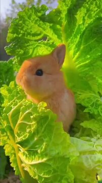 Close up of a small fluffy rabbit enjoying green vegetables