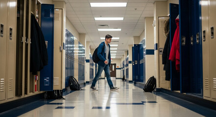 Fototapeta premium Male College Student Walking Through Bright Modern School Hallway, Back to School Young Man with Backpack Indoor, Education Architecture Scene 