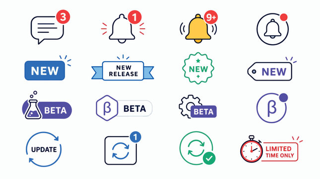 Collection of notification badges and labels for new releases, updates, and beta versions.