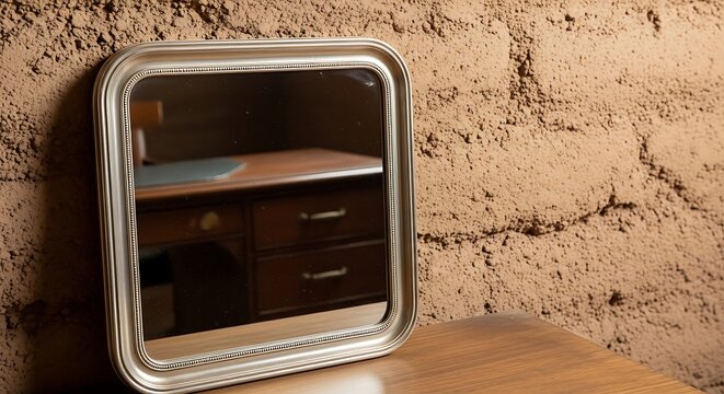 Small square silver mirror resting on a wooden desk against a brown wall