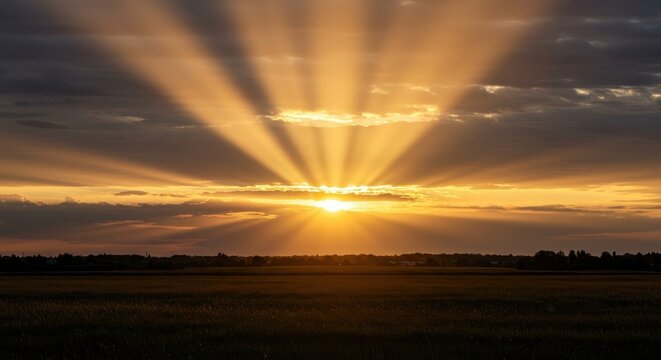 Intense golden hour light flooding the landscape, dramatic sun rays bursting through clouds over the horizon, peaceful natural scene, natural, radiance, morning