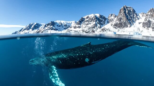 A large whale swims beneath the surface of cold blue water