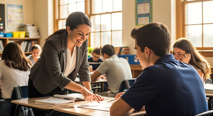 Fototapeta premium Friendly High School Teacher Helping Male Student with Desk Lesson