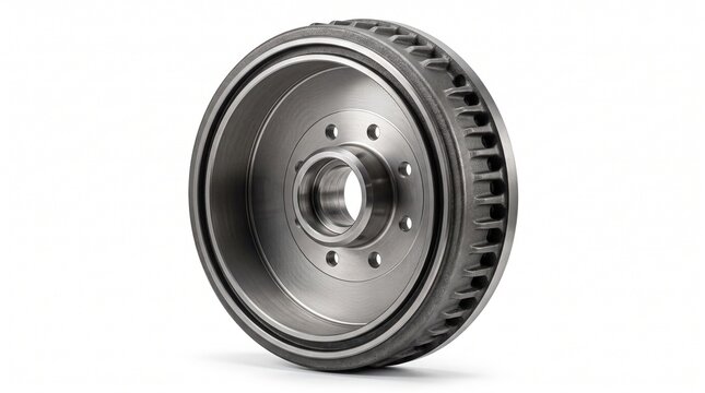 Industrial brake drum isolated on a white background with realistic cast iron texture and professional studio lighting. Ideal for heavy machinery and braking system concepts.