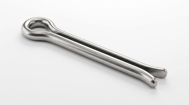 Industrial cotter pin isolated on a white background with realistic stainless steel texture and studio lighting.