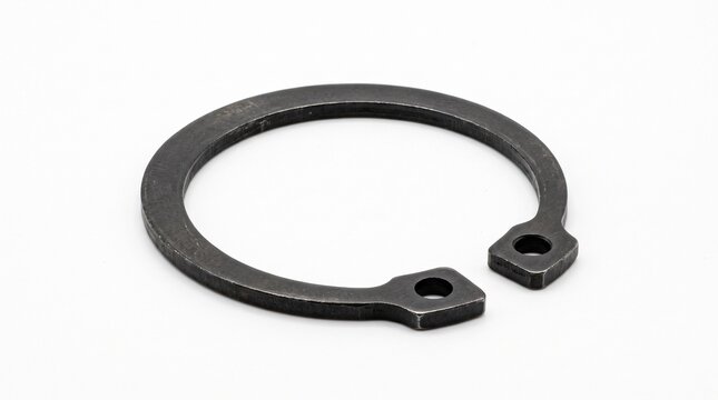 Industrial snap ring isolated on a white background with realistic spring steel texture and studio lighting.