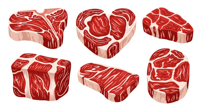 Raw beef steaks, cuts, meat, steak, red, vector graphics
