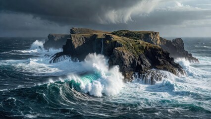 Fototapeta premium Rugged coastal headland being battered by heavy ocean waves