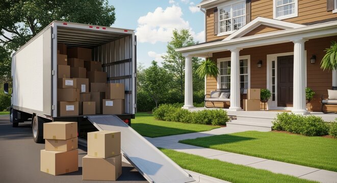 Moving truck parked near modern suburban house with boxes
