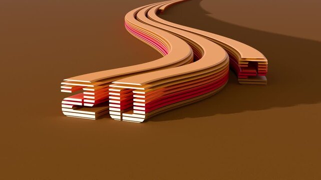 3D animation of layered striped year numbers 2027 building up along a curving winding line on a warm brown background. Motion graphics for New Year intros and festive promos.