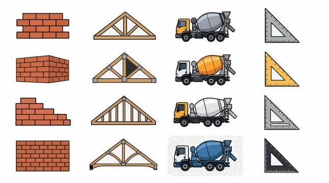 A collection of construction elements including bricks, roof trusses, cement mixers, and triangular.