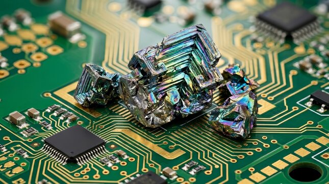 Macro view of rare earth element minerals on a green advanced technology printed circuit board