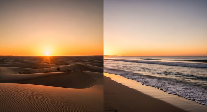 Split screen comparison of desert sand dunes and ocean beach at sunset