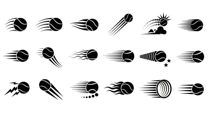 Meteor, comet, and asteroid icons, black and white vector set, 20 space symbols, astronomy illustrations