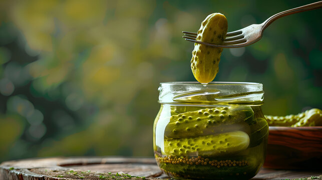 Close-up of pickles in a jar on wooden table with fork