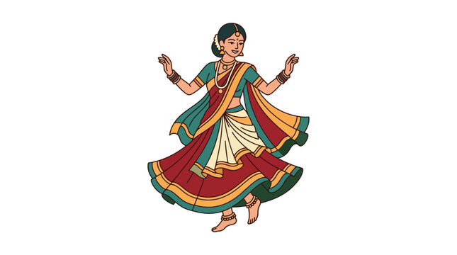 A graceful Indian woman performing a traditional folk dance in vibrant ethnic attire.