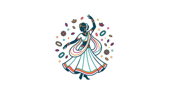 A stylized illustration of a woman performing a traditional Indian dance in a circular composition.