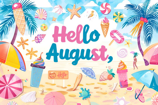 Hello august beach scene with ice cream and palm trees in a vibrant summer setting