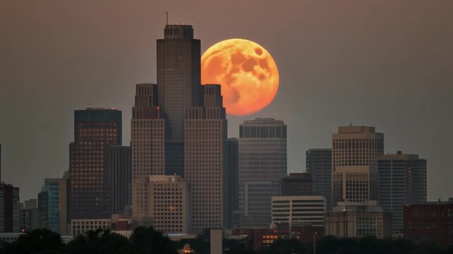 Detroit city skyline with massive supermoon rising at twilight