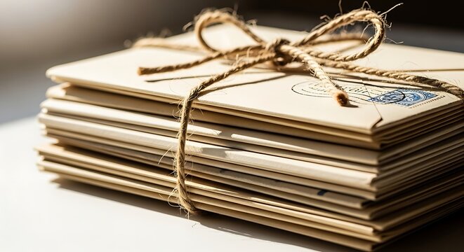 Stack of vintage letters tied with rustic twine string on wooden table